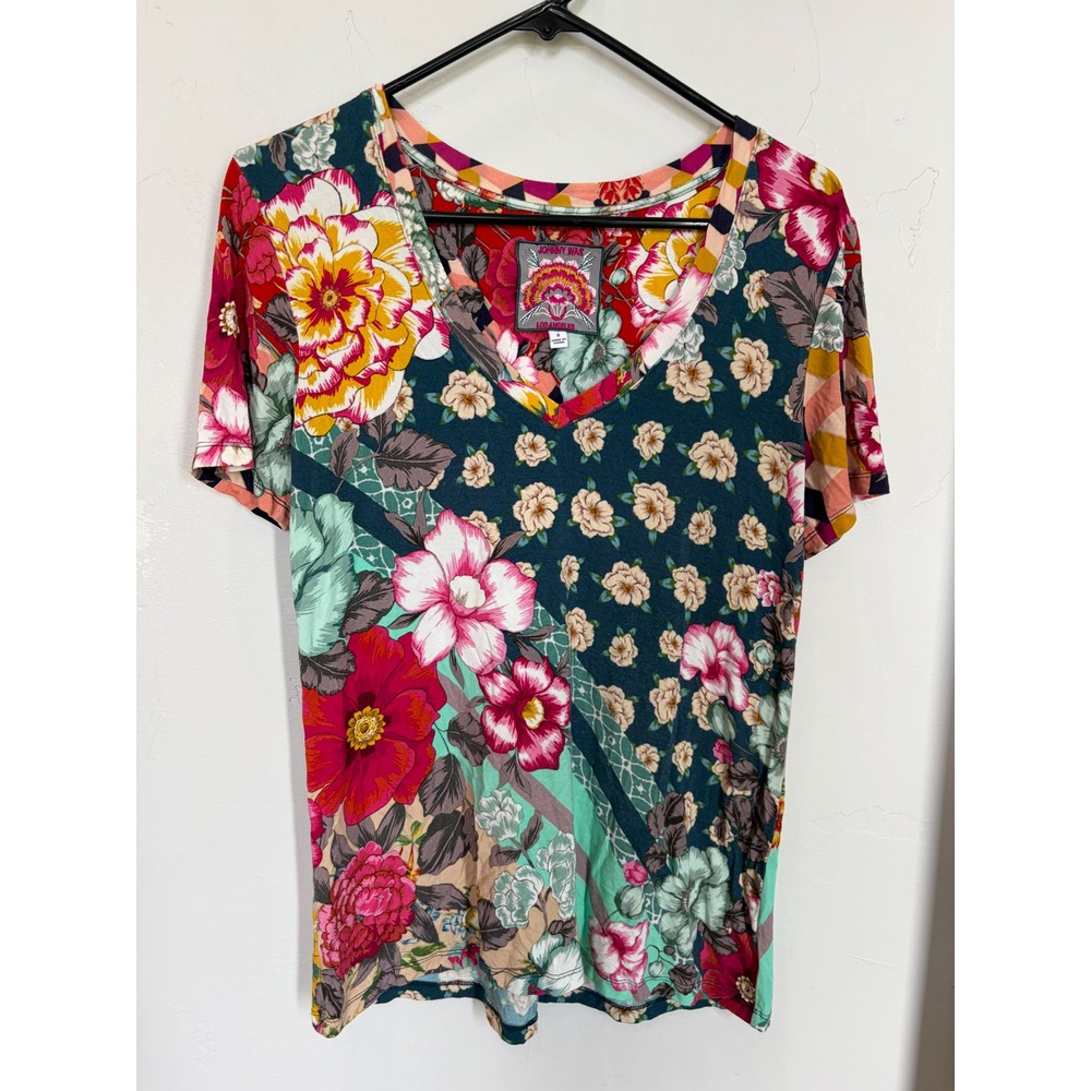 Johnny Was Los Angeles Floral Patchwork Bamboo V-Neck Top Small R16020E-D